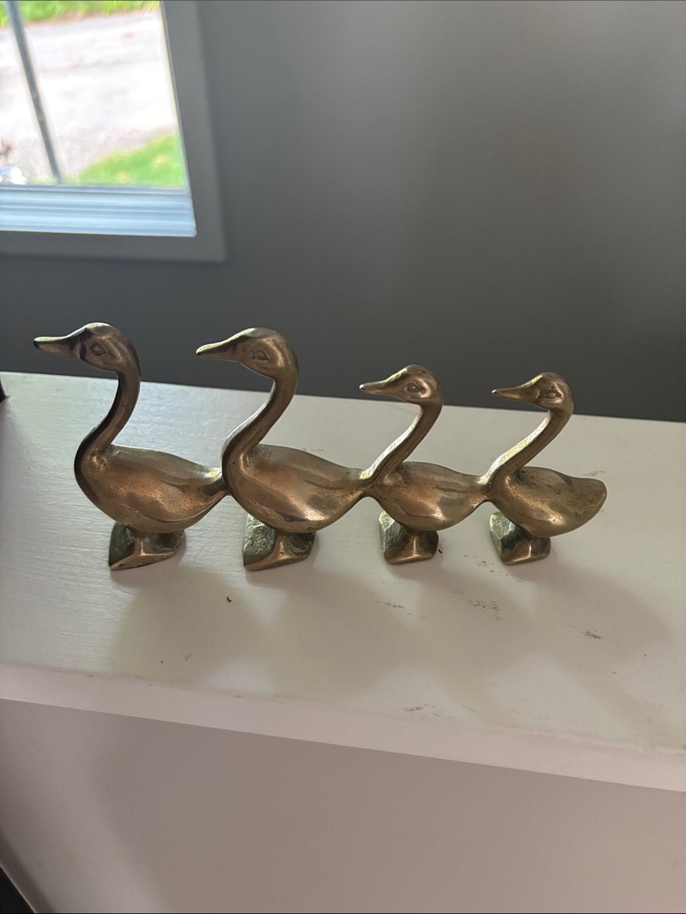 Vintage Solid Brass Ducks in a Row Four Goose Flock MCM Paperweight Cottage-core - Picture 8 of 10